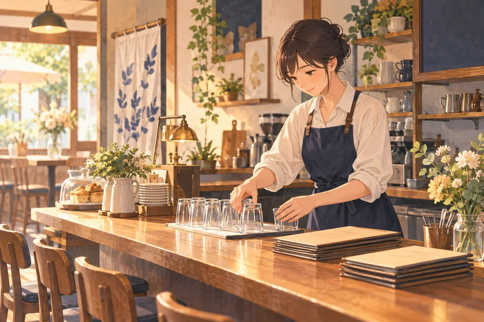 接客前に準備する仕事のイラスト（AI生成）